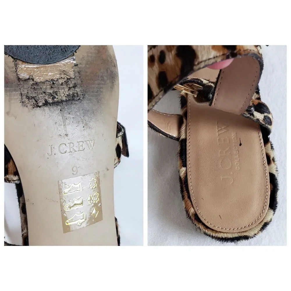 J.Crew Resort Vacation Calf Hair Leopard Sandals Womens 9 Ankle Strap Buckles